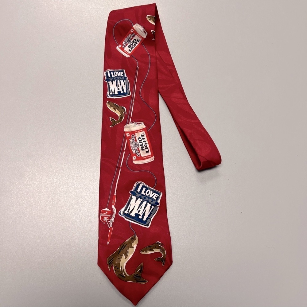 BUD Light beer necktie Anheuser-Busch vtg tie 1996 Fishing Tie I Love You Man